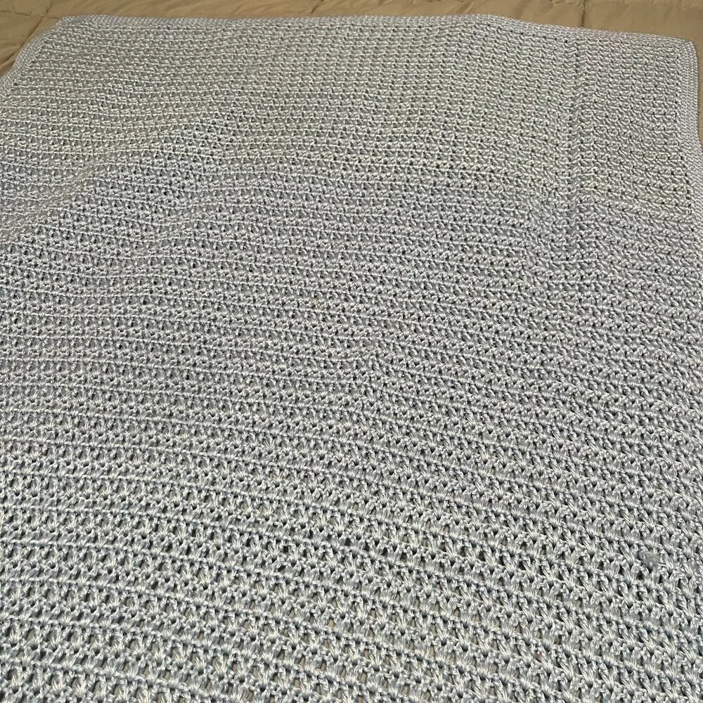 Blue Crochet Open Knit Baby Blanket Crib Security Lovey 48X32 Handmade